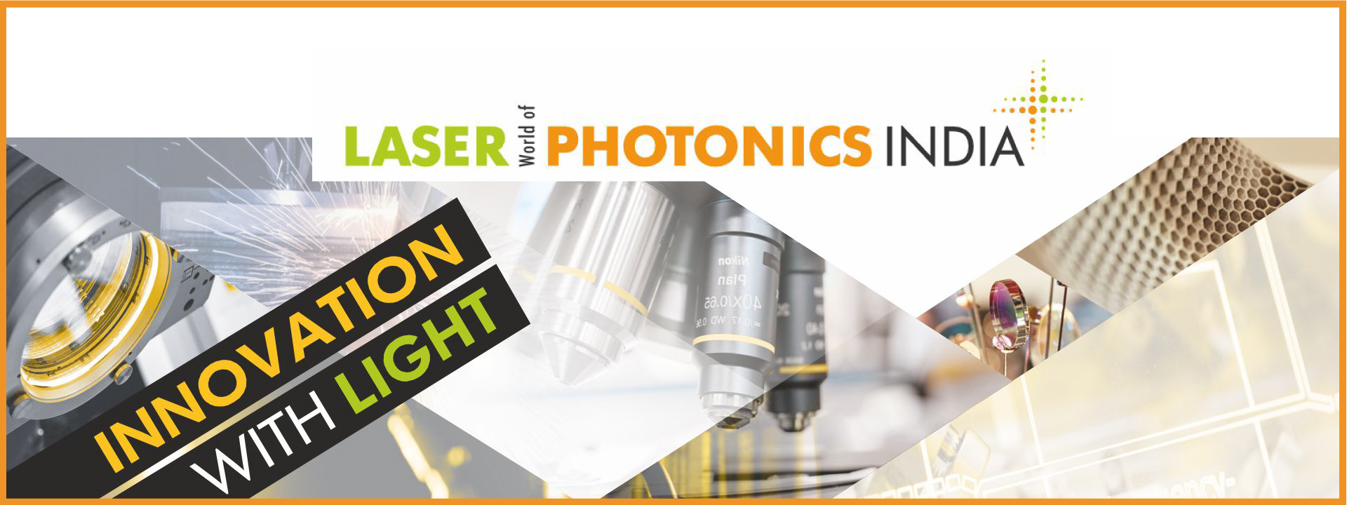 Graphic promoting Innovation with Light for LASER World of Photonics India, featuring a beam of light and industrial imagery.